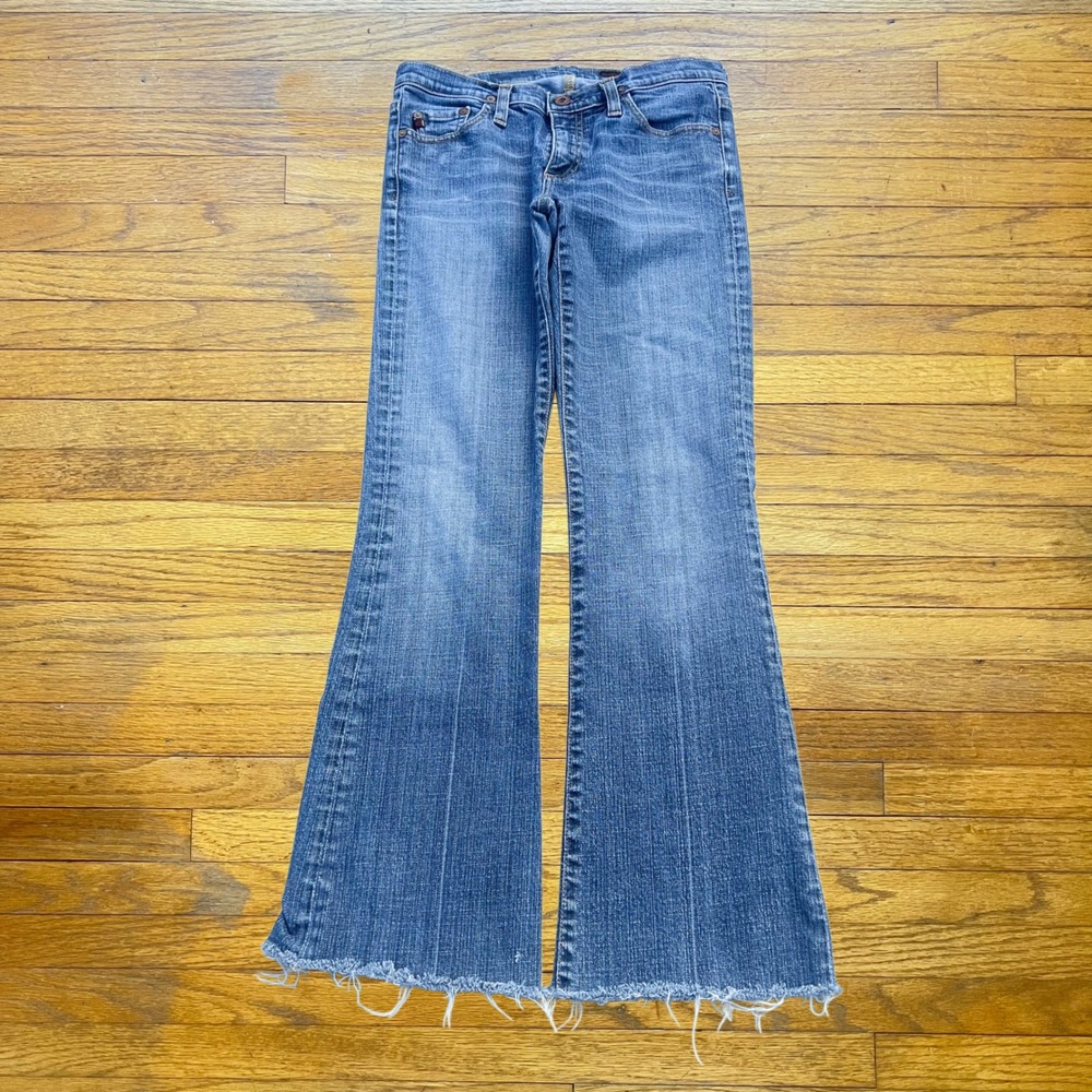 AG Adriano Goldschmied Flare Jeans Raw Hem Medium Wash Blue Denim 27 Regular